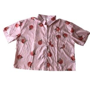 Shein Peach Boxy Shirt Women Pink Peach Design Button Collar Short Sleeve Large